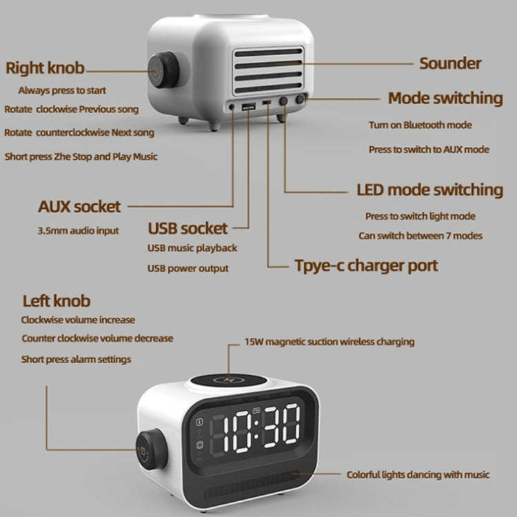 15W 3-In-1 Ambient Light Digital Display Clock Bluetooth Speaker Magnetic Wireless Charger(Black)