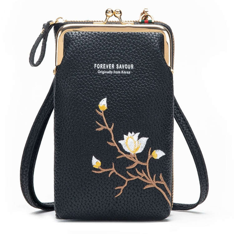 Mini Embroidered Single-shoulder Phone Bag Crossbody Long Ladies Wallet, Color: Black