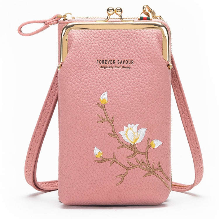 Mini Embroidered Single-shoulder Phone Bag Crossbody Long Ladies Wallet, Color: Dark Pink