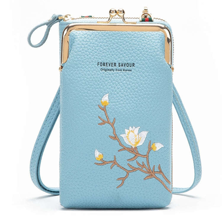 Mini Embroidered Single-shoulder Phone Bag Crossbody Long Ladies Wallet, Color: Blue