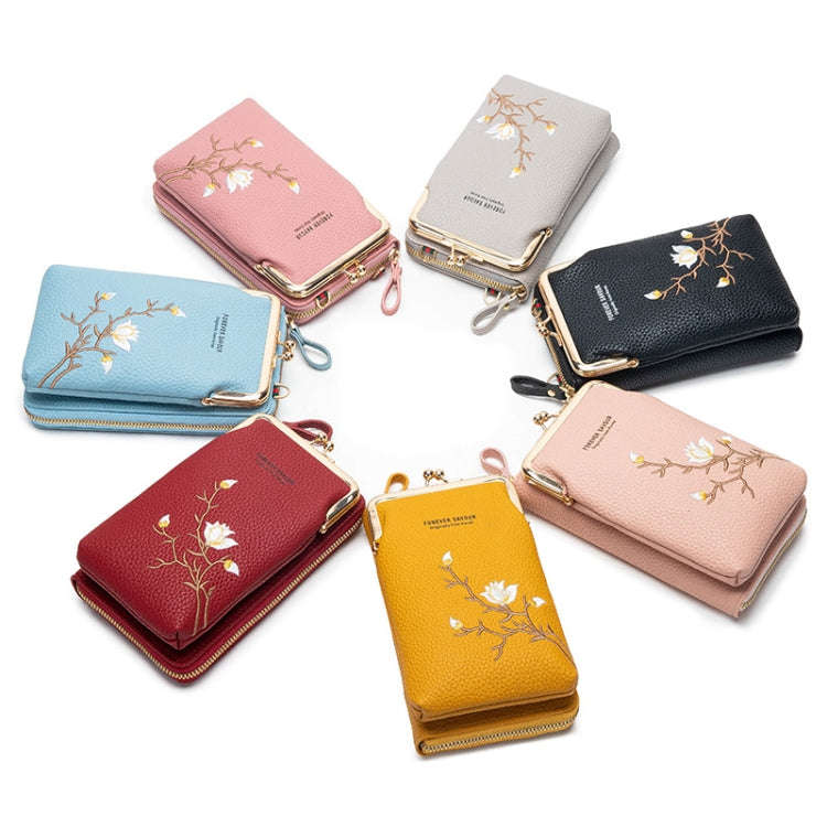 Mini Embroidered Single-shoulder Phone Bag Crossbody Long Ladies Wallet, Color: Blue