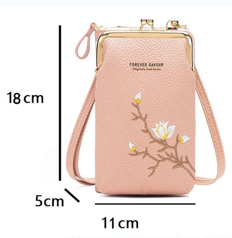 Mini Embroidered Single-shoulder Phone Bag Crossbody Long Ladies Wallet, Color: Black