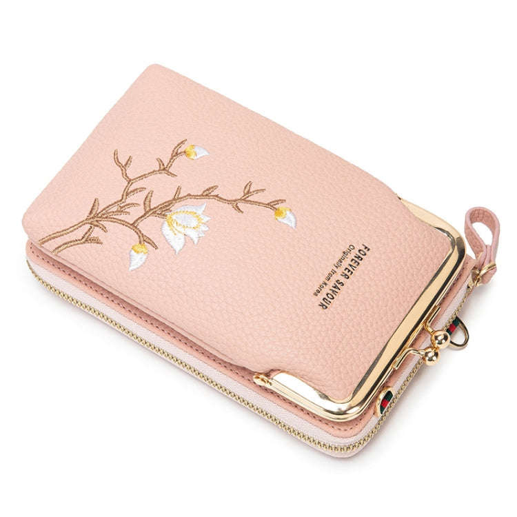 Mini Embroidered Single-shoulder Phone Bag Crossbody Long Ladies Wallet, Color: Pink