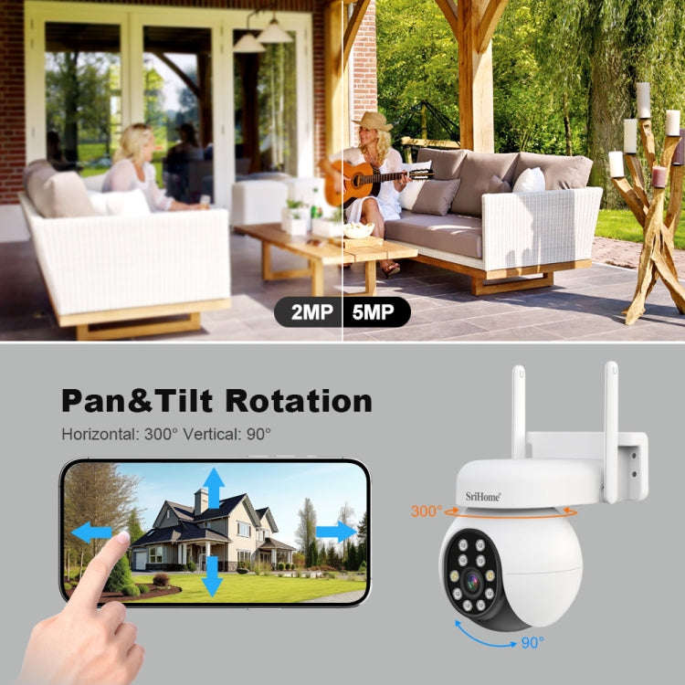 SriHome SH052 Wifi 5MP Wireless PTZ IP AI Auto Tracking Sound&Light Alarm Starlight Color Night V...