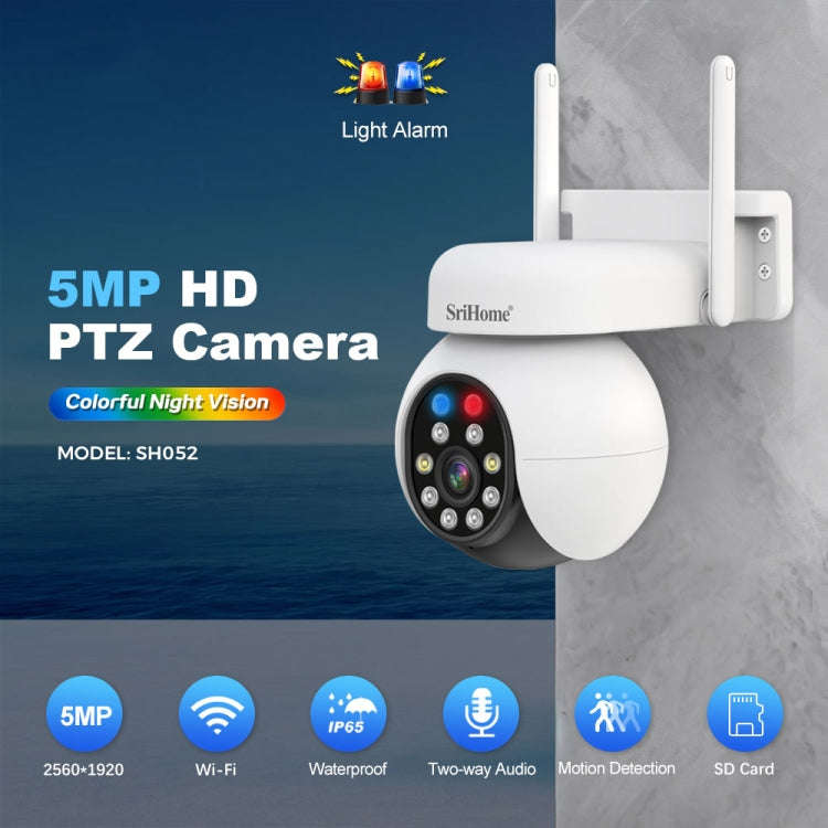 SriHome SH052 Wifi 5MP Wireless PTZ IP AI Auto Tracking Sound&Light Alarm Starlight Color Night V...