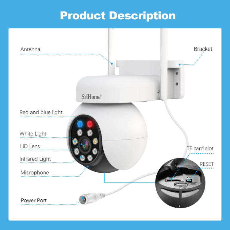 SriHome SH052 Wifi 5MP Wireless PTZ IP AI Auto Tracking Sound&Light Alarm Starlight Color Night V...