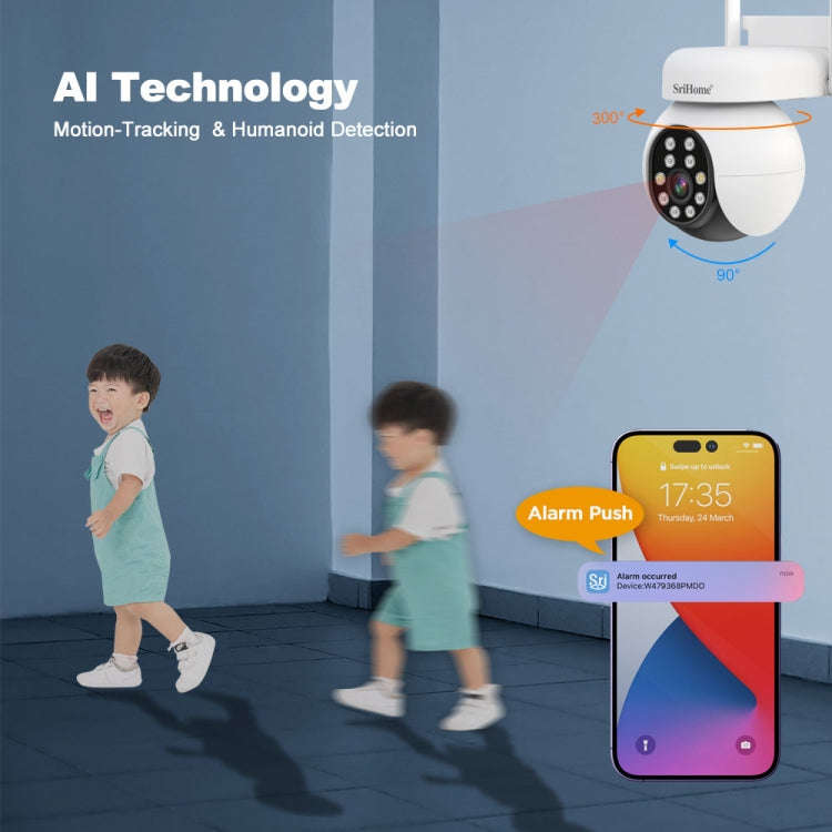 SriHome SH052 Wifi 5MP Wireless PTZ IP AI Auto Tracking Sound&Light Alarm Starlight Color Night V...
