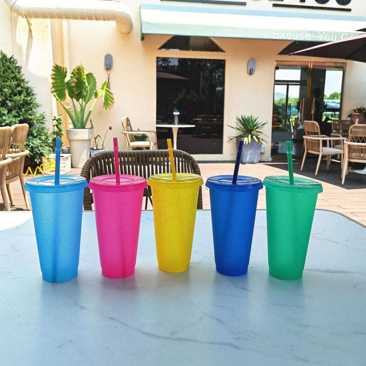 Small Summer Glitter Water Cup Plastic Ice Cold Drink Bottle with Straw(Rose Red)