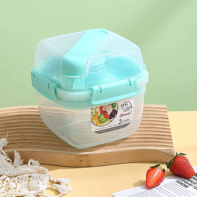 Microwaveable Double Layer Salad Container Picnic Lunch Box with Fork Spoon, Spec: Blue/Large