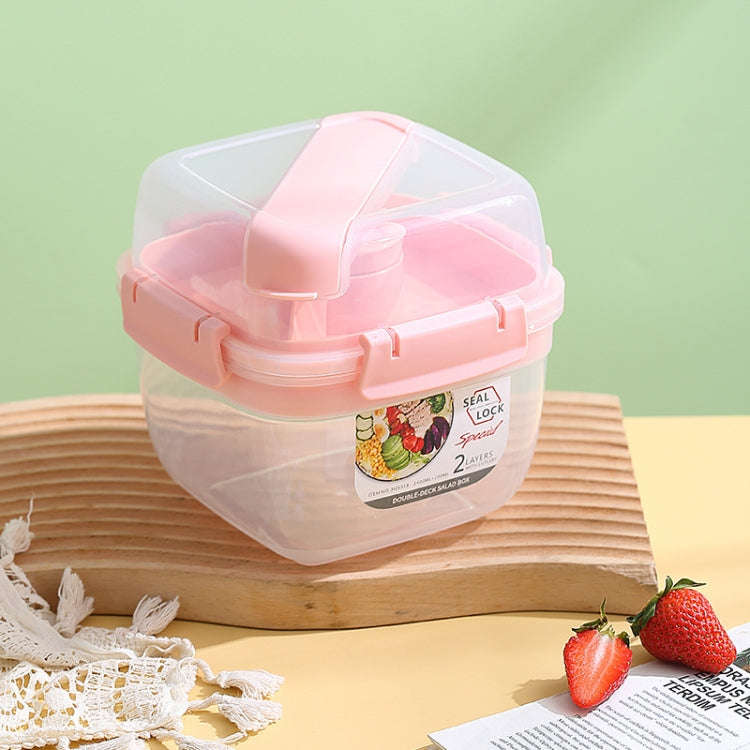 Microwaveable Double Layer Salad Container Picnic Lunch Box with Fork Spoon, Spec: Pink/Large