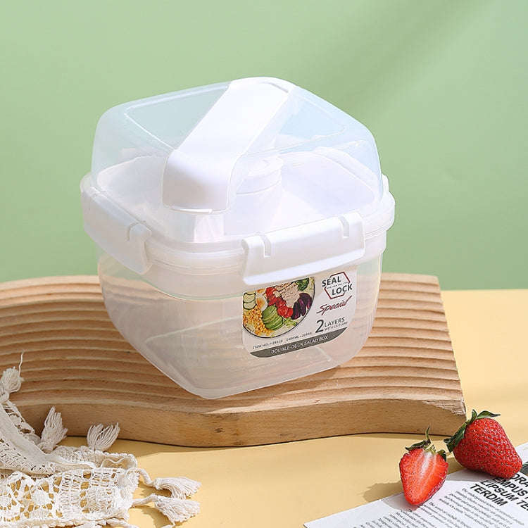 Microwaveable Double Layer Salad Container Picnic Lunch Box with Fork Spoon, Spec: White/Large