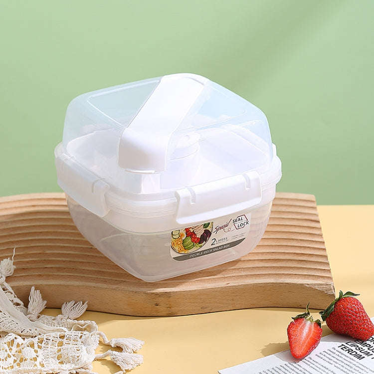 Microwaveable Double Layer Salad Container Picnic Lunch Box with Fork Spoon, Spec: White/Small