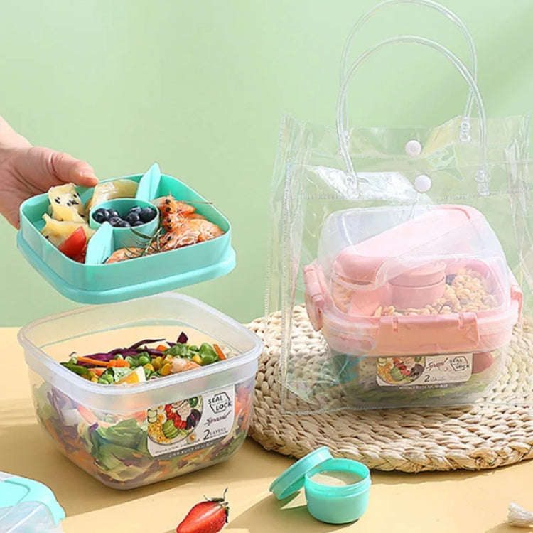 Microwaveable Double Layer Salad Container Picnic Lunch Box with Fork Spoon, Spec: Blue/Large