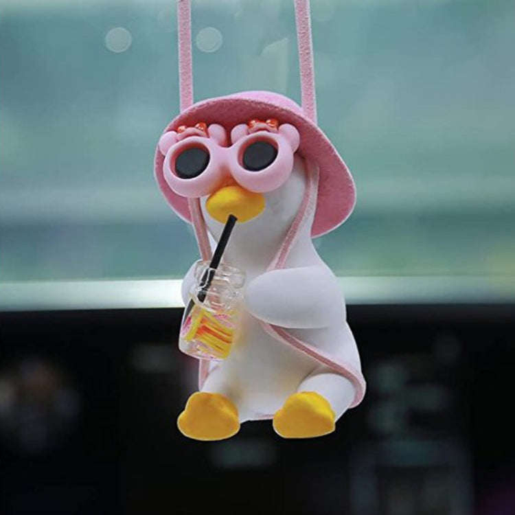 Car Cartoon Duck Rear View Mirror Interior Pendant(Drink Glasses Pink Hat Duck)