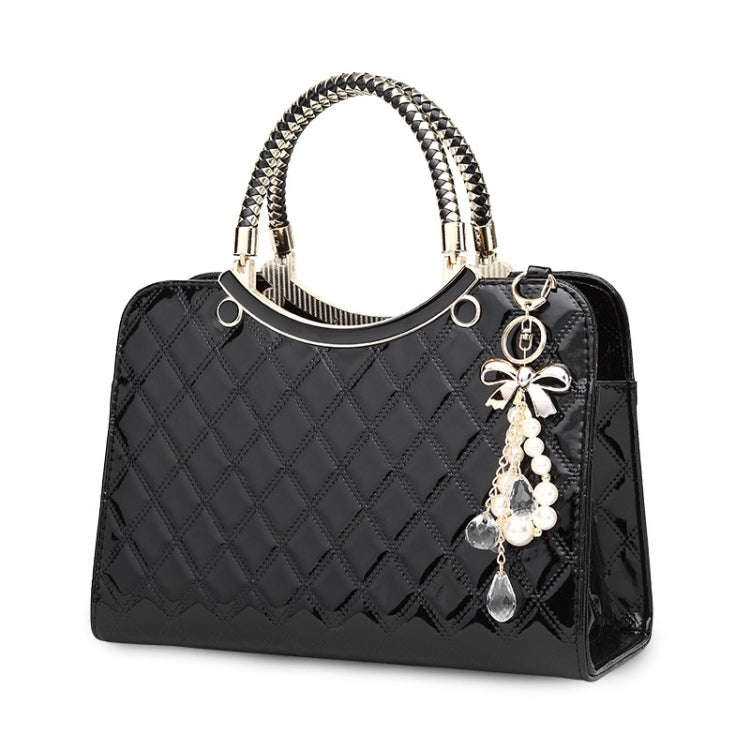 Large capacity PU Leather Diamond Pattern Ladies Handbag with Hanging Ornaments(Black)