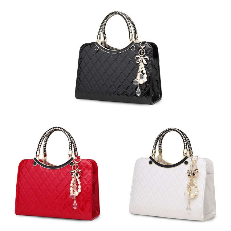 Large capacity PU Leather Diamond Pattern Ladies Handbag with Hanging Ornaments(Red)