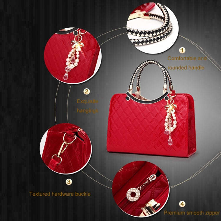 Large capacity PU Leather Diamond Pattern Ladies Handbag with Hanging Ornaments(White)
