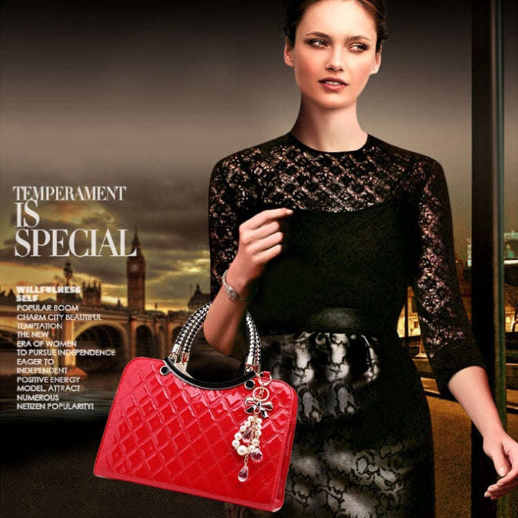 Large capacity PU Leather Diamond Pattern Ladies Handbag with Hanging Ornaments(White)