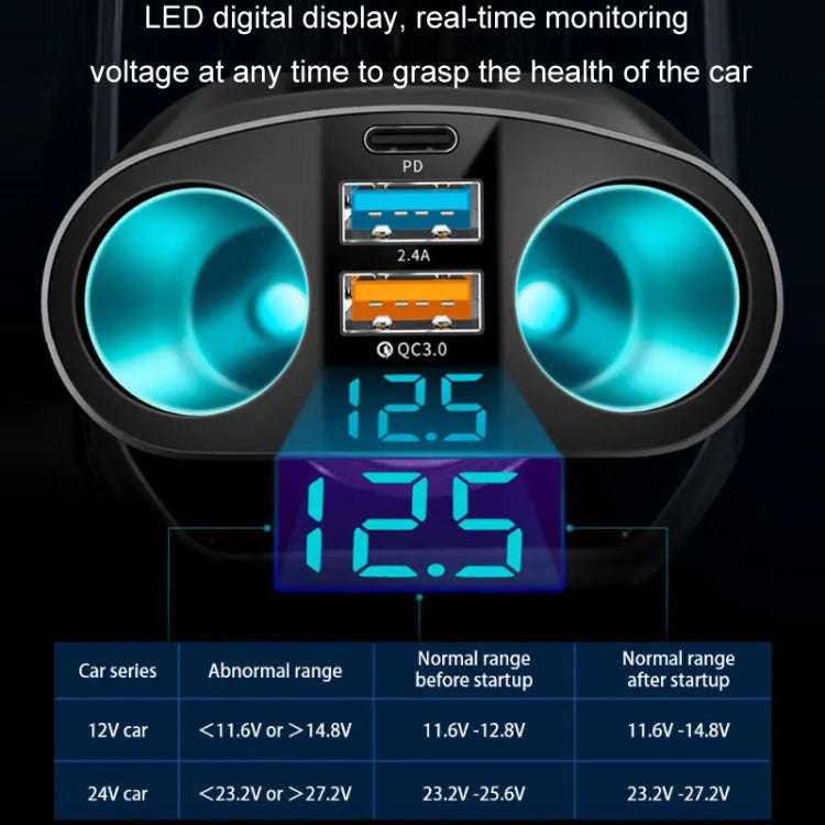 Dual USB Type-C Real-time Digital Display Cigarette Lighter Expansion Car Charger, Model: QC3.0+2...