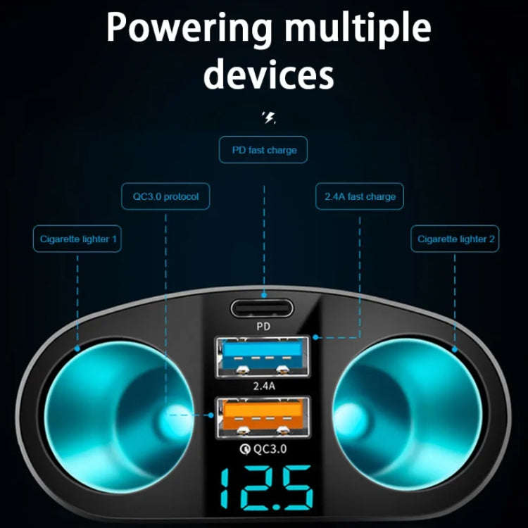 Dual USB Type-C Real-time Digital Display Cigarette Lighter Expansion Car Charger, Model: QC3.0+2...