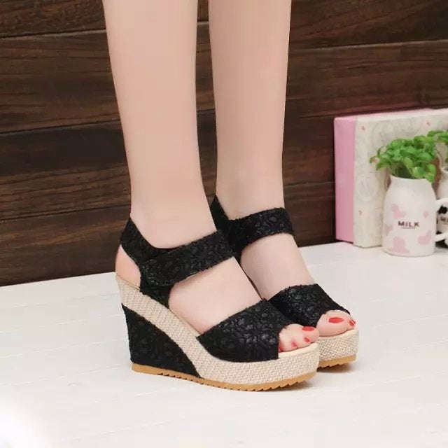Summer Women Sandals Slope Heel Lace Open Toe Adhesive One Word Buckle Strap Muffin Thick Bottom ...
