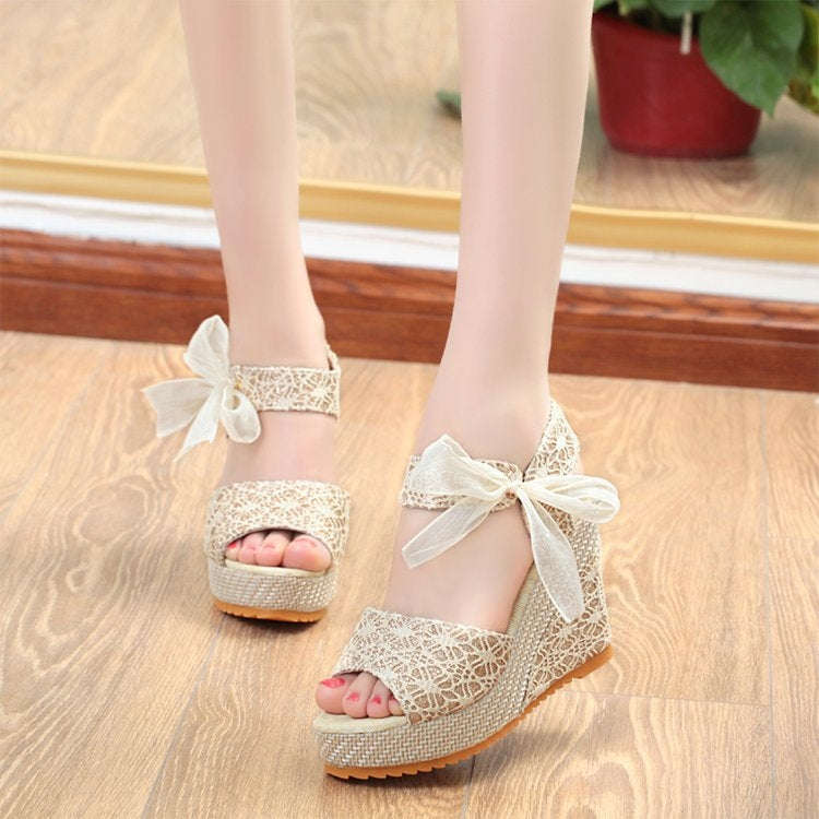 Summer Women Sandals Slope Heel Lace Open Toe Adhesive One Word Buckle Strap Muffin Thick Bottom ...