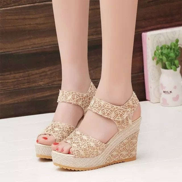 Summer Women Sandals Slope Heel Lace Open Toe Adhesive One Word Buckle Strap Muffin Thick Bottom ...