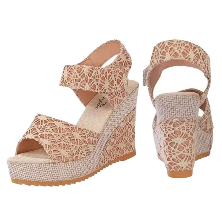 Summer Women Sandals Slope Heel Lace Open Toe Adhesive One Word Buckle Strap Muffin Thick Bottom ...