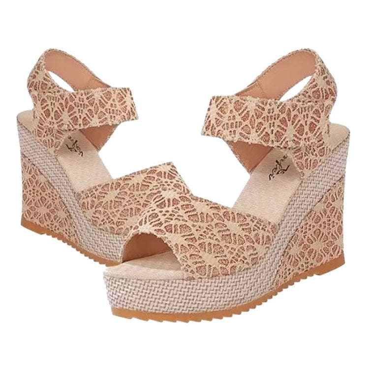 Summer Women Sandals Slope Heel Lace Open Toe Adhesive One Word Buckle Strap Muffin Thick Bottom ...