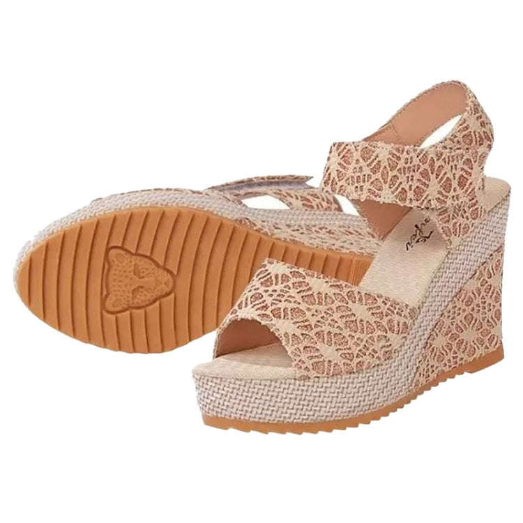 Summer Women Sandals Slope Heel Lace Open Toe Adhesive One Word Buckle Strap Muffin Thick Bottom ...