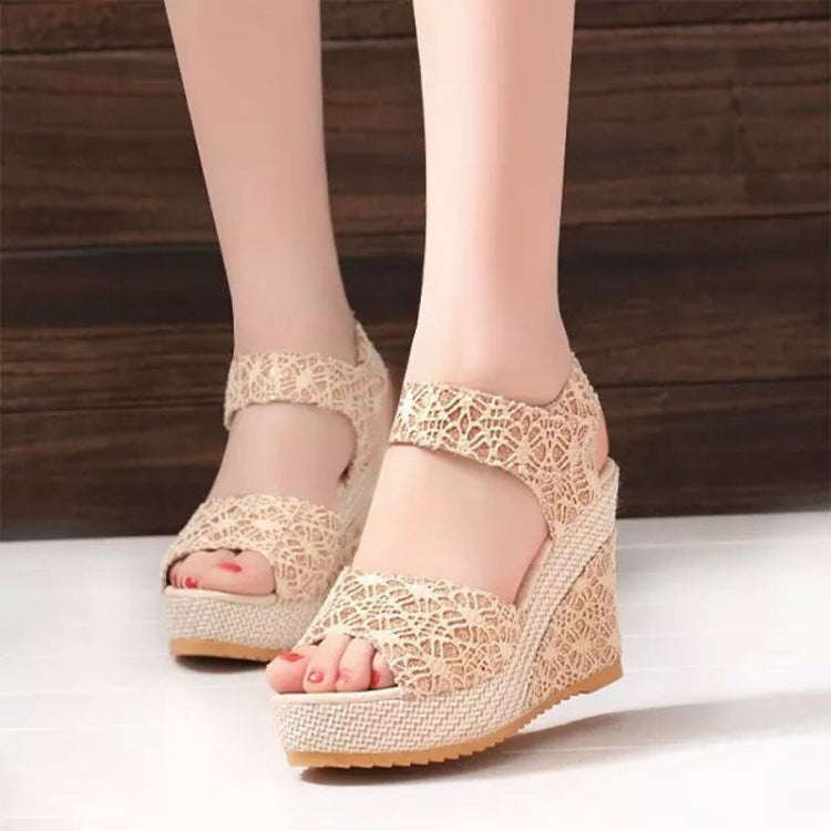 Summer Women Sandals Slope Heel Lace Open Toe Adhesive One Word Buckle Strap Muffin Thick Bottom ...