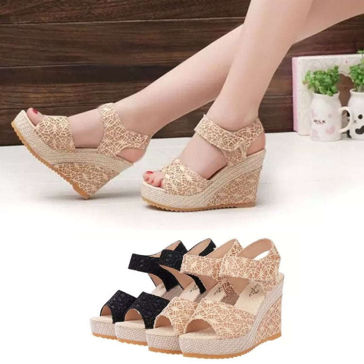 Summer Women Sandals Slope Heel Lace Open Toe Adhesive One Word Buckle Strap Muffin Thick Bottom ...