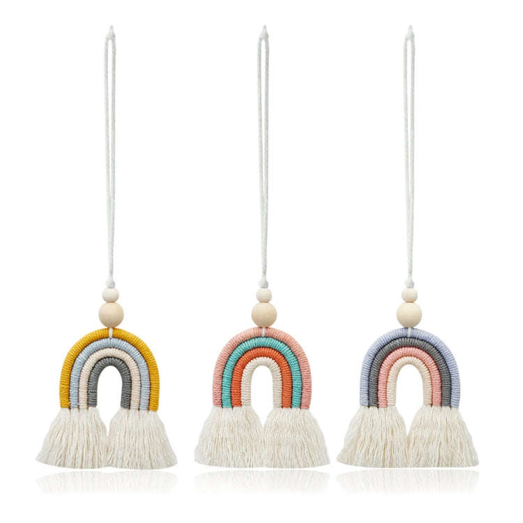 Hand-woven Wood Beads Cotton Rope Rainbow Car Aromatherapy Pendant(Pink)