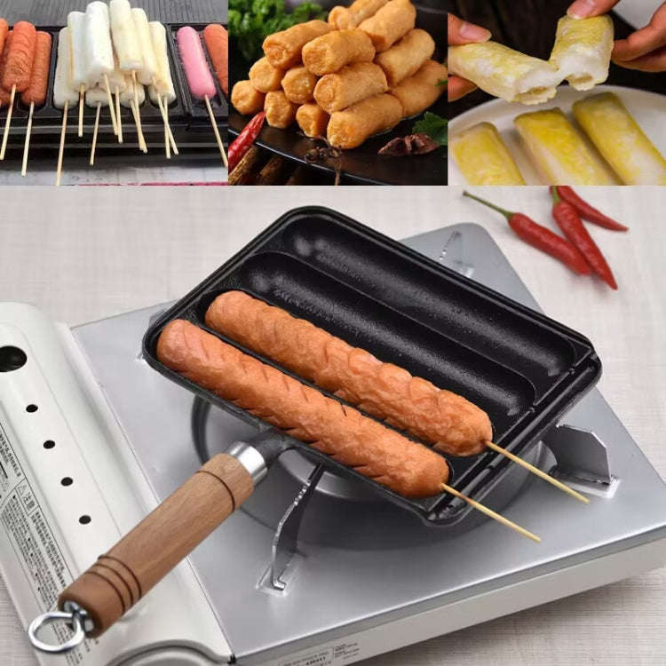 Cast Iron Grill Pan 4-Grid Non-Stick Sausage Grill Pan With Wood Handle(KC-04)