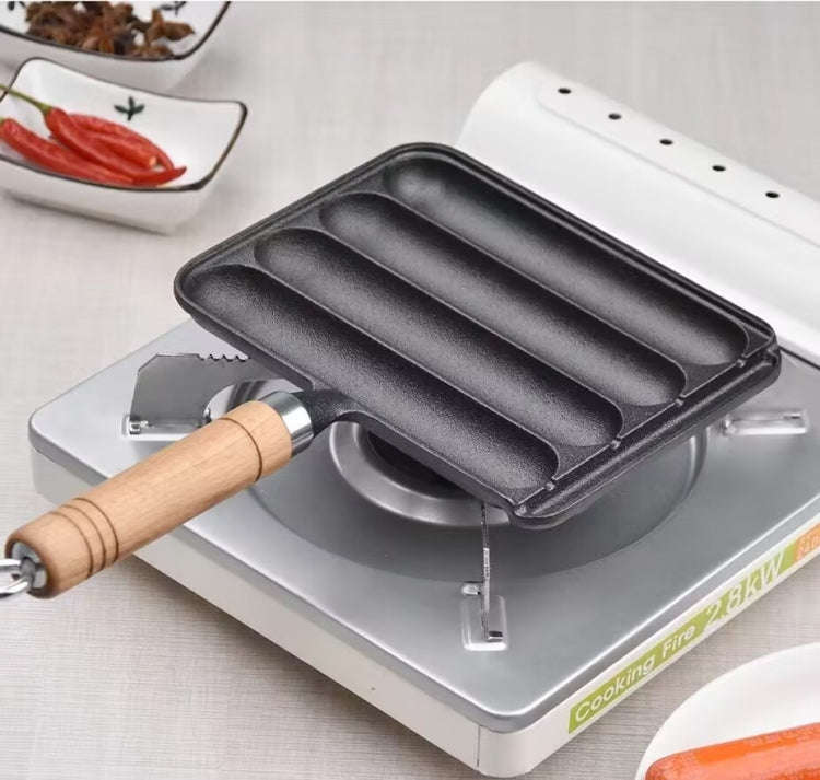 Cast Iron Grill Pan 4-Grid Non-Stick Sausage Grill Pan With Wood Handle(KC-04)