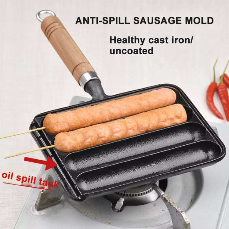 Cast Iron Grill Pan 4-Grid Non-Stick Sausage Grill Pan With Wood Handle(KC-04)