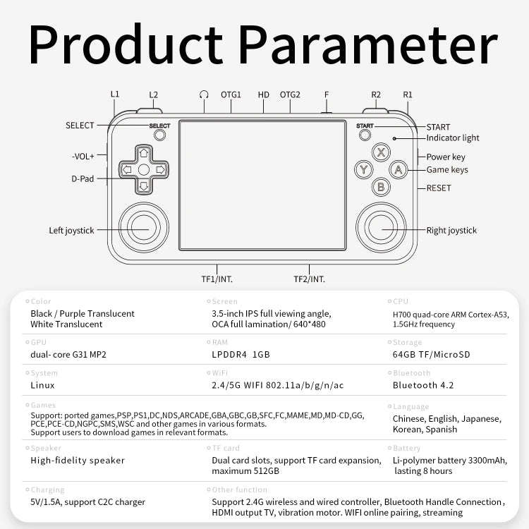 ANBERNIC RG35XX H Handheld Game Console 3.5 Inch IPS Screen Linux System 64GB(Transparent White)