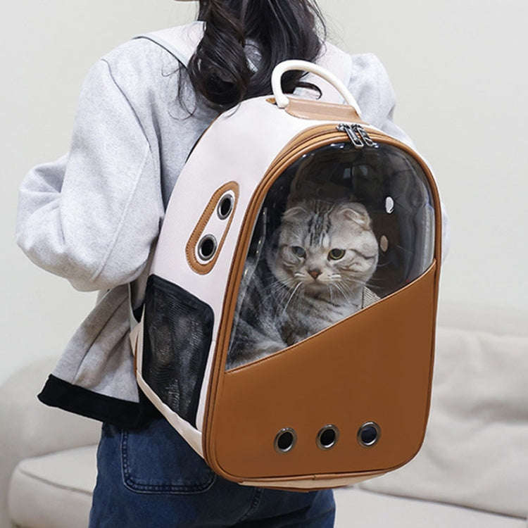 PU Pet Bag Cats And Dogs Outing Carrying Capsule Double Shoulder Backpacks(Model 1 Khaki)
