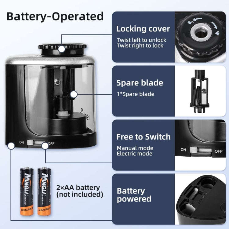 TENWIN Electrical Pencil Sharpener Student Stationery Semi-Automatic Sharpeners Battery Model(Black)