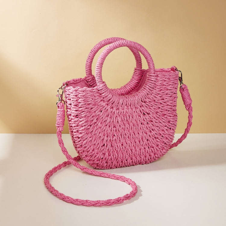 Half-moon Shape Straw Tote Bag Cross-body Woven Beach Single-shoulder Bag, Color: Rose Red