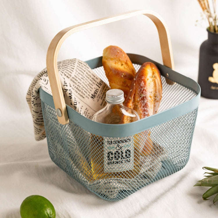 Square  Wooden Handle Mesh Basket Snack Fruit Storage Basket(Grey)