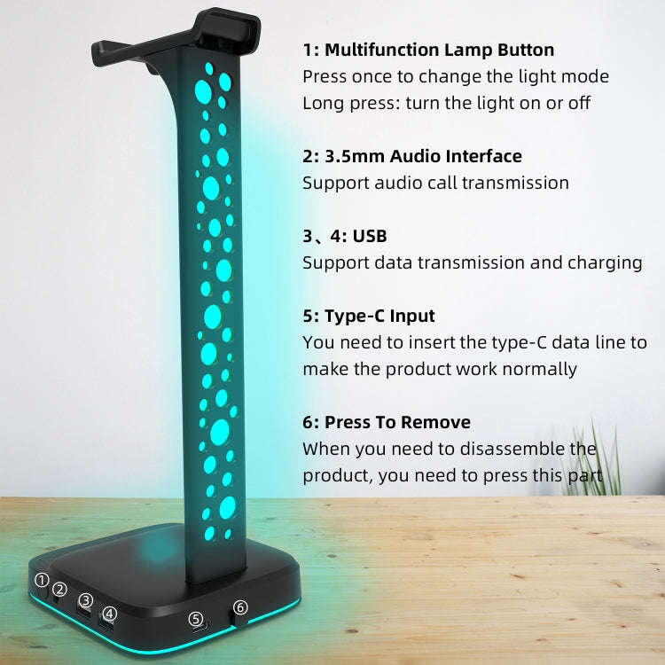 3.5mm Audio RGB Illuminated Headset Holder Dual USB Gaming Headset Display Rack(With Headphone Ja...