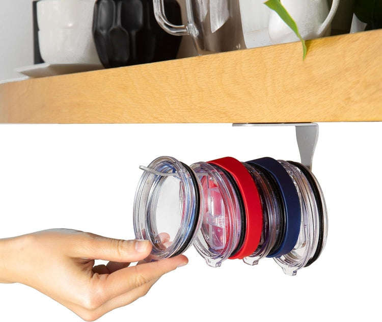 Tumbler Lid Organizer Self-Adhesive Under-Cabinet Cup Lid Storage Rack, Color: Black