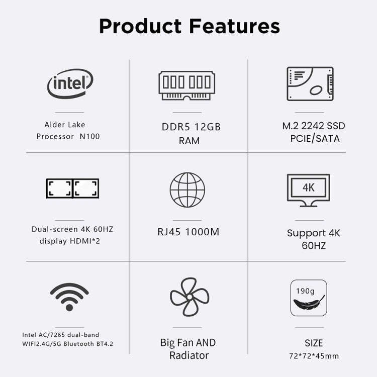 N100/DDR5 12th AlderLake-N100 Dual 4K60Hz Office And Home Mini PC, Spec: 12G+128G /US Plug