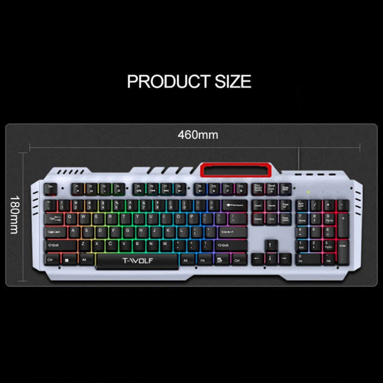 T-WOLF 130cm Line Length Cool Lighting Effect Metal Plate Gaming Wired Keyboard With Phone Holder...