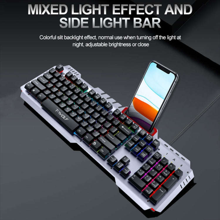 T-WOLF 130cm Line Length Cool Lighting Effect Metal Plate Gaming Wired Keyboard With Phone Holder...