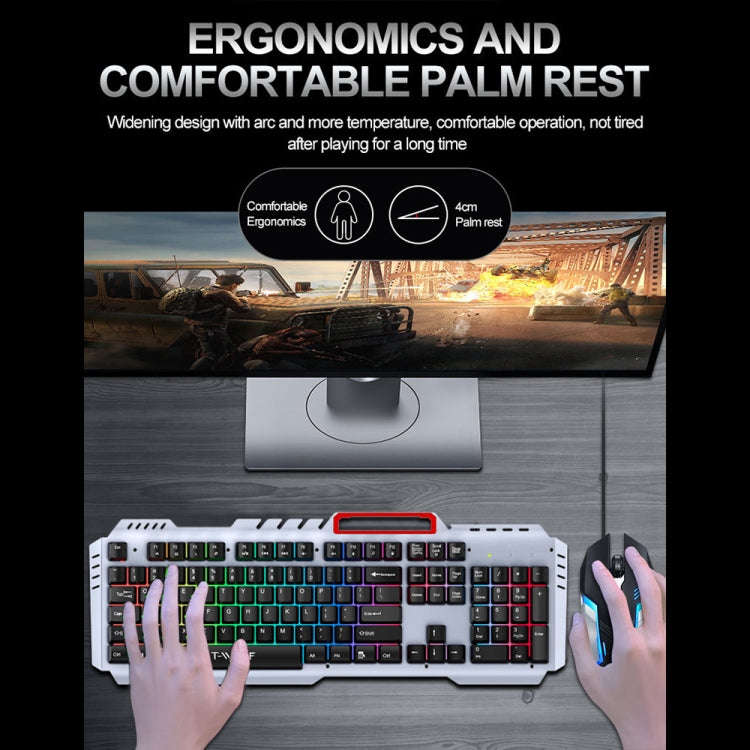 T-WOLF 130cm Line Length Cool Lighting Effect Metal Plate Gaming Wired Keyboard With Phone Holder...