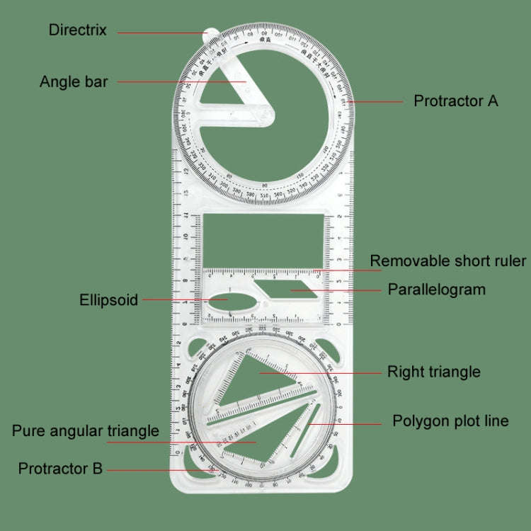 2pcs Multifunctional Drawing Ruler Function Drawing Protractor Geometric Ruler(For Primary School)