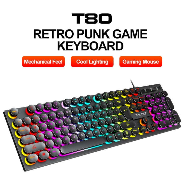 T-WOLF T80 104-Keys RGB Illuminated Office Game Wired Punk Retro Keyboard, Color: White