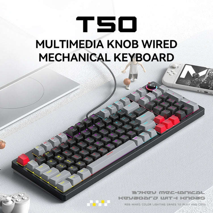 T-WOLF T50 97-keys RGB Luminous Color-Matching Game Mechanical Keyboard with Knob, Color: White B